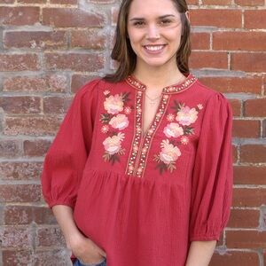 Textured Floral Embroidered Smocked Blouse